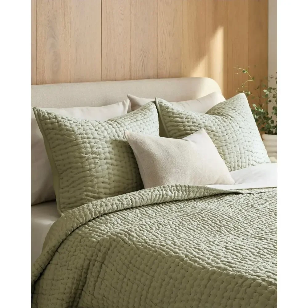New Quince European Linen Cotton Stitch Quilt 3Pc Set Full Queen Sage $190 MSRP